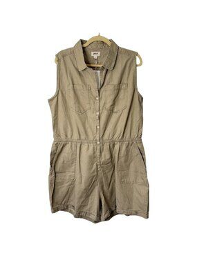 Pact Womens Size L Sleeveless Romper Button-Up Organic Cotton In Khaki NEW